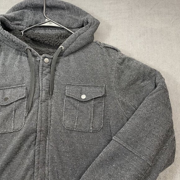 Rock & Republic Dark Gray Hooded Jacket  Faux Fur Lining Snap Pockets Mens XL - Picture 7 of 11